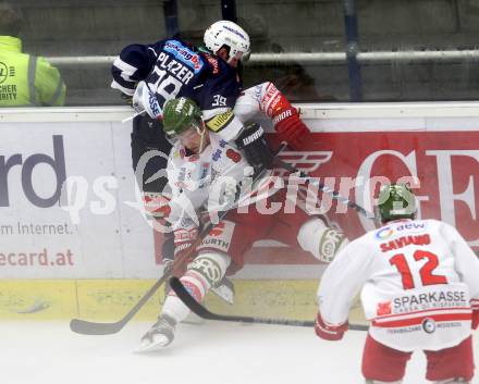 EBEL. Eishockey Bundesliga. EC VSV gegen HCB Suedtirol. Patrick Platzer,  (VSV), Marco Insam (Bozen). Villach, am 18.9.2015.
Foto: Kuess 


---
pressefotos, pressefotografie, kuess, qs, qspictures, sport, bild, bilder, bilddatenbank