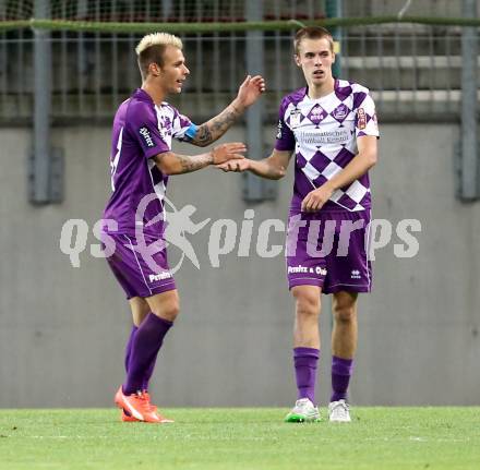 Fussball Sky go Erste Liga. SK Austria Klagenfurt gegen SC Austria Lustenau.   Torjubel Rajko Rep, Patrik Eler (Klagenfurt). Klagenfurt, am 15.9.2015.
Foto: Kuess
---
pressefotos, pressefotografie, kuess, qs, qspictures, sport, bild, bilder, bilddatenbank