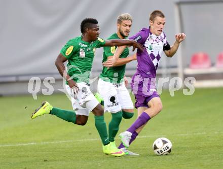 Fussball Sky go Erste Liga. SK Austria Klagenfurt gegen SC Austria Lustenau.  Patrik Eler (Klagenfurt), Jodel Dossou (Lustenau). Klagenfurt, am 15.9.2015.
Foto: Kuess  
---
pressefotos, pressefotografie, kuess, qs, qspictures, sport, bild, bilder, bilddatenbank