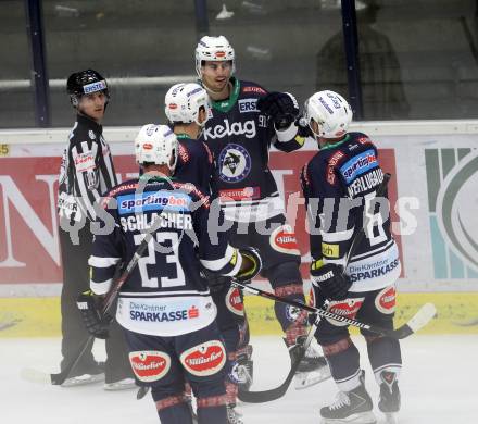 EBEL. Eishockey Bundesliga. EC VSV gegen HCB Suedtirol. Torjubel Miha Verlic,  Gerhard Unterluggauer (VSV). Villach, am 18.9.2015.
Foto: Kuess 


---
pressefotos, pressefotografie, kuess, qs, qspictures, sport, bild, bilder, bilddatenbank