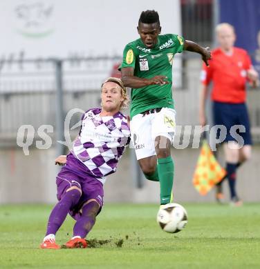 Fussball Sky go Erste Liga. SK Austria Klagenfurt gegen SC Austria Lustenau.   Dominic Puercher (Klagenfurt), Jodel Dossou(Lustenau). Klagenfurt, am 15.9.2015.
Foto: Kuess 
---
pressefotos, pressefotografie, kuess, qs, qspictures, sport, bild, bilder, bilddatenbank