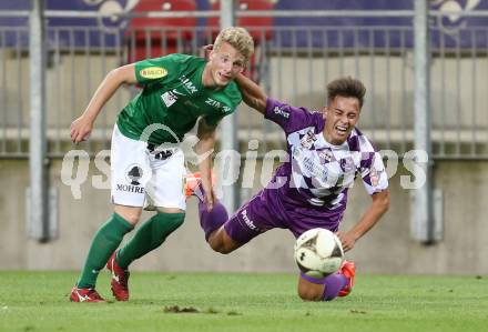 Fussball Sky go Erste Liga. SK Austria Klagenfurt gegen SC Austria Lustenau.   Eric Zachhuber (Klagenfurt), Pius Grabher (Lustenau). Klagenfurt, am 15.9.2015.
Foto: Kuess 
---
pressefotos, pressefotografie, kuess, qs, qspictures, sport, bild, bilder, bilddatenbank