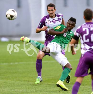 Fussball Sky go Erste Liga. SK Austria Klagenfurt gegen SC Austria Lustenau.   Manuel Wallner (Klagenfurt), Jodel Dossou (Lustenau). Klagenfurt, am 15.9.2015.
Foto: Kuess
---
pressefotos, pressefotografie, kuess, qs, qspictures, sport, bild, bilder, bilddatenbank