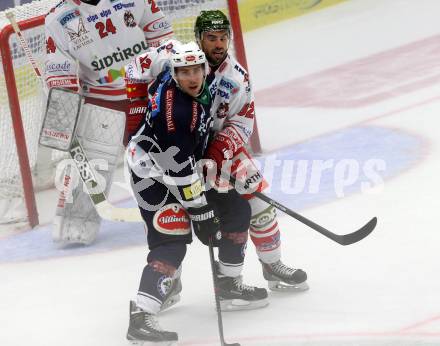 EBEL. Eishockey Bundesliga. EC VSV gegen HCB Suedtirol. Mark Santorelli,  (VSV), Matic Podlipnic (Bozen). Villach, am 18.9.2015.
Foto: Kuess 


---
pressefotos, pressefotografie, kuess, qs, qspictures, sport, bild, bilder, bilddatenbank