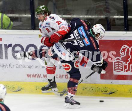 EBEL. Eishockey Bundesliga. EC VSV gegen HCB Suedtirol. Florian Muehlstein, (VSV), Joel Broda  (Bozen). Villach, am 18.9.2015.
Foto: Kuess 


---
pressefotos, pressefotografie, kuess, qs, qspictures, sport, bild, bilder, bilddatenbank