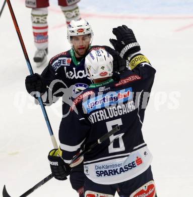 EBEL. Eishockey Bundesliga. EC VSV gegen HCB Suedtirol. Torjubel Gerhard Unterluggauer, Ziga Pance (VSV). Villach, am 18.9.2015.
Foto: Kuess 


---
pressefotos, pressefotografie, kuess, qs, qspictures, sport, bild, bilder, bilddatenbank