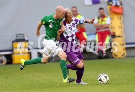 Fussball Sky go Erste Liga. SK Austria Klagenfurt gegen SC Austria Lustenau.  Rajko Rep (Klagenfurt), Mario Bolter (Lustenau). Klagenfurt, am 15.9.2015.
Foto: Kuess  
---
pressefotos, pressefotografie, kuess, qs, qspictures, sport, bild, bilder, bilddatenbank