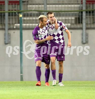 Fussball Sky go Erste Liga. SK Austria Klagenfurt gegen SC Austria Lustenau.   Torjubel Rajko Rep, Patrik Eler (Klagenfurt). Klagenfurt, am 15.9.2015.
Foto: Kuess 
---
pressefotos, pressefotografie, kuess, qs, qspictures, sport, bild, bilder, bilddatenbank