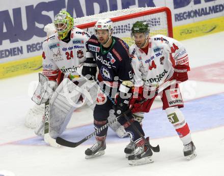 EBEL. Eishockey Bundesliga. EC VSV gegen HCB Suedtirol. Rick Schofield,  (VSV), Hannes Oberdoerfer, Jaroslav Huebl (Bozen). Villach, am 18.9.2015.
Foto: Kuess 


---
pressefotos, pressefotografie, kuess, qs, qspictures, sport, bild, bilder, bilddatenbank