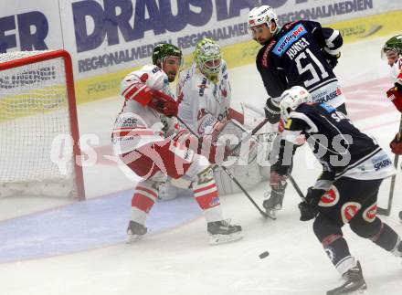 EBEL. Eishockey Bundesliga. EC VSV gegen HCB Suedtirol. Mark Santorelli, Eric Hunter (VSV), Jaroslav Huebl, Sean McMonagle  (Bozen). Villach, am 18.9.2015.
Foto: Kuess 


---
pressefotos, pressefotografie, kuess, qs, qspictures, sport, bild, bilder, bilddatenbank