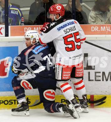 EBEL. Eishockey Bundesliga. EC VSV gegen HC TWK Innsbruck.  Ryan McKiernan, (VSV), Nicholas Schauss  (Innsbruck). Villach, am 25.9.2015.
Foto: Kuess 


---
pressefotos, pressefotografie, kuess, qs, qspictures, sport, bild, bilder, bilddatenbank