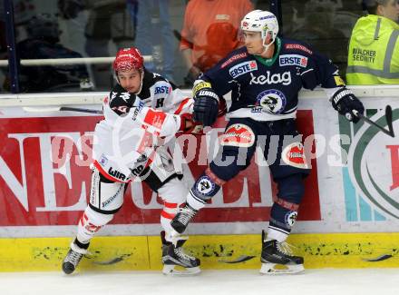 EBEL. Eishockey Bundesliga. EC VSV gegen HC TWK Innsbruck. Ryan McKiernan,  (VSV), Fabio Schramm (Innsbruck). Villach, am 25.9.2015.
Foto: Kuess 


---
pressefotos, pressefotografie, kuess, qs, qspictures, sport, bild, bilder, bilddatenbank