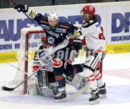 EBEL. Eishockey Bundesliga. EC VSV gegen HC TWK Innsbruck. Daniel Nageler, (VSV), Mario Ebner (Innsbruck). Villach, am 25.9.2015.
Foto: Kuess 


---
pressefotos, pressefotografie, kuess, qs, qspictures, sport, bild, bilder, bilddatenbank