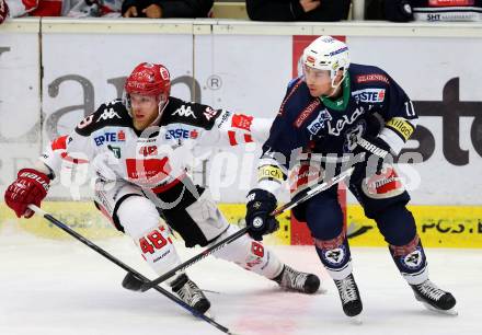 EBEL. Eishockey Bundesliga. EC VSV gegen HC TWK Innsbruck. Mark Santorelli,  (VSV), David Liffiton (Innsbruck). Villach, am 25.9.2015.
Foto: Kuess 


---
pressefotos, pressefotografie, kuess, qs, qspictures, sport, bild, bilder, bilddatenbank