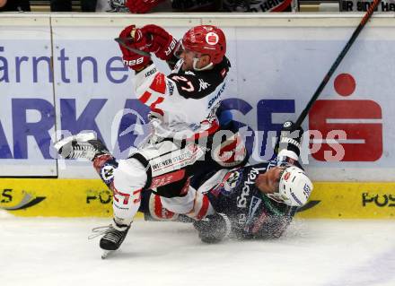 EBEL. Eishockey Bundesliga. EC VSV gegen HC TWK Innsbruck. Nico Brunner,  (VSV), Andreas Hanschitz (Innsbruck). Villach, am 25.9.2015.
Foto: Kuess 


---
pressefotos, pressefotografie, kuess, qs, qspictures, sport, bild, bilder, bilddatenbank