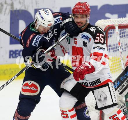 EBEL. Eishockey Bundesliga. EC VSV gegen HC TWK Innsbruck.  Dustin Johner,  (VSV), Nicholas Schauss (Innsbruck). Villach, am 25.9.2015.
Foto: Kuess 


---
pressefotos, pressefotografie, kuess, qs, qspictures, sport, bild, bilder, bilddatenbank