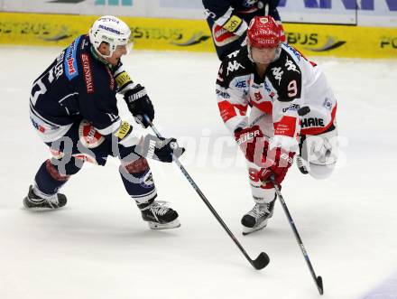 EBEL. Eishockey Bundesliga. EC VSV gegen HC TWK Innsbruck. Daniel Nageler, (VSV), John Lammers  (Innsbruck). Villach, am 25.9.2015.
Foto: Kuess 


---
pressefotos, pressefotografie, kuess, qs, qspictures, sport, bild, bilder, bilddatenbank