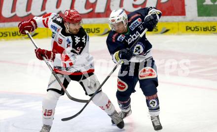 EBEL. Eishockey Bundesliga. EC VSV gegen HC TWK Innsbruck. Ryan McKiernan,  (VSV), Tyler Spurgeon (Innsbruck). Villach, am 25.9.2015.
Foto: Kuess 


---
pressefotos, pressefotografie, kuess, qs, qspictures, sport, bild, bilder, bilddatenbank