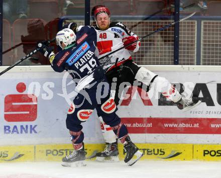 EBEL. Eishockey Bundesliga. EC VSV gegen HC TWK Innsbruck. Patrick Platzer, (VSV), David Liffiton (Innsbruck). Villach, am 25.9.2015.
Foto: Kuess 


---
pressefotos, pressefotografie, kuess, qs, qspictures, sport, bild, bilder, bilddatenbank