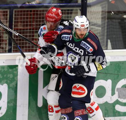 EBEL. Eishockey Bundesliga. EC VSV gegen HC TWK Innsbruck. Benjamin Petrik,  (VSV), David Liffiton (Innsbruck). Villach, am 25.9.2015.
Foto: Kuess 


---
pressefotos, pressefotografie, kuess, qs, qspictures, sport, bild, bilder, bilddatenbank