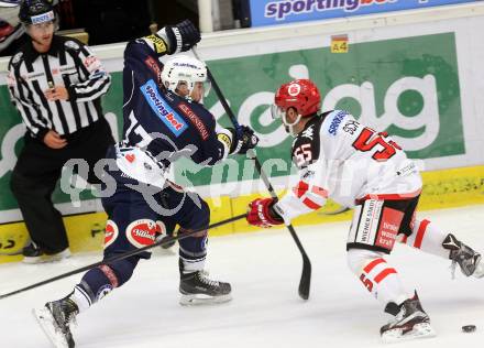 EBEL. Eishockey Bundesliga. EC VSV gegen HC TWK Innsbruck.  Ryan McKiernan, (VSV), Nicholas Schauss  (Innsbruck). Villach, am 25.9.2015.
Foto: Kuess 


---
pressefotos, pressefotografie, kuess, qs, qspictures, sport, bild, bilder, bilddatenbank