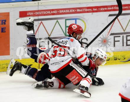 EBEL. Eishockey Bundesliga. EC VSV gegen HC TWK Innsbruck.  Ryan McKiernan, (VSV), Nicholas Schauss  (Innsbruck). Villach, am 25.9.2015.
Foto: Kuess 


---
pressefotos, pressefotografie, kuess, qs, qspictures, sport, bild, bilder, bilddatenbank