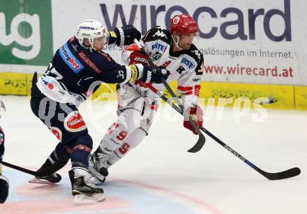 EBEL. Eishockey Bundesliga. EC VSV gegen HC TWK Innsbruck. Ryan McKiernan, (VSV), John Lammers (Innsbruck). Villach, am 25.9.2015.
Foto: Kuess 


---
pressefotos, pressefotografie, kuess, qs, qspictures, sport, bild, bilder, bilddatenbank