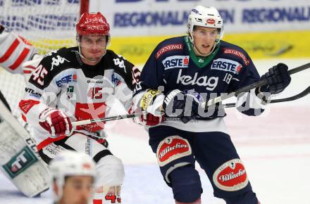 EBEL. Eishockey Bundesliga. EC VSV gegen HC TWK Innsbruck. Valentin Leiler,  (VSV), David Schuller (Innsbruck). Villach, am 25.9.2015.
Foto: Kuess 


---
pressefotos, pressefotografie, kuess, qs, qspictures, sport, bild, bilder, bilddatenbank