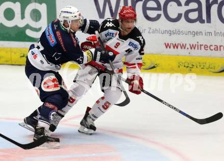 EBEL. Eishockey Bundesliga. EC VSV gegen HC TWK Innsbruck. Ryan McKiernan, (VSV), John Lammers (Innsbruck). Villach, am 25.9.2015.
Foto: Kuess 


---
pressefotos, pressefotografie, kuess, qs, qspictures, sport, bild, bilder, bilddatenbank