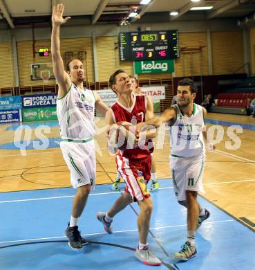 Basketball 2. Bundesliga. KOS Celovec gegen Chin Min Dragons St. Poelten.  Jakob Strazar, Toman Feinig,  (KOS), Martin Speiser (St. Poelten). Klagenfurt, am 26.9.2015.
Foto: Kuess
---
pressefotos, pressefotografie, kuess, qs, qspictures, sport, bild, bilder, bilddatenbank