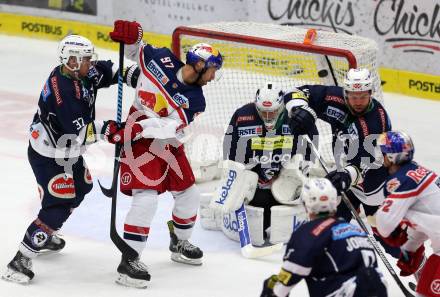 EBEL. Eishockey Bundesliga. EC VSV gegen EC Red Bull Salzburg. Ryan McKiernan, Jean Philippe Lamoureux,  (VSV), Matt Kelly, Pehr Ledin, (Salzburg). Villach, am 27.9.2015.
Foto: Kuess 


---
pressefotos, pressefotografie, kuess, qs, qspictures, sport, bild, bilder, bilddatenbank