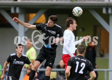 Fussball Unterliga Ost. St. Jakob/Rosental gegen Alpe Adria. Petar Stojnic,  (St. Jakob), Moritz Johannes Kirbach (Alpe Adria). St. Jakob, am 26.9.2015.
Foto: Kuess
---
pressefotos, pressefotografie, kuess, qs, qspictures, sport, bild, bilder, bilddatenbank