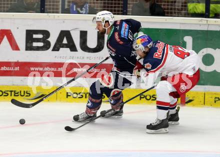 EBEL. Eishockey Bundesliga. EC VSV gegen EC Red Bull Salzburg. Matt Kelly,  (VSV), Pehr Ledin (Salzburg). Villach, am 27.9.2015.
Foto: Kuess 


---
pressefotos, pressefotografie, kuess, qs, qspictures, sport, bild, bilder, bilddatenbank