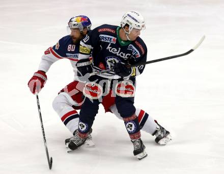 EBEL. Eishockey Bundesliga. EC VSV gegen EC Red Bull Salzburg. Brock McBride, (VSV),  Zdenek Kutlak (Salzburg). Villach, am 27.9.2015.
Foto: Kuess 


---
pressefotos, pressefotografie, kuess, qs, qspictures, sport, bild, bilder, bilddatenbank