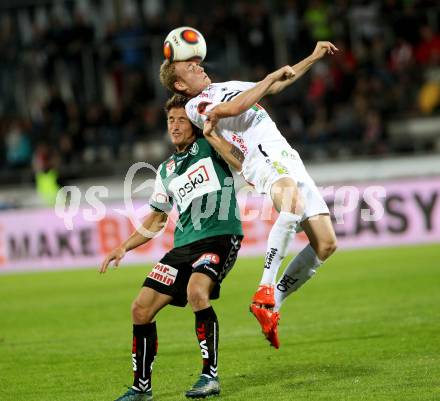 Fussball tipico Bundesliga. RZ Pellets WAC gegen SV Josko Ried. Christoph Rabitsch,  (WAC), Thomas Bergmann (Ried). Wolfsberg, am 3.10.2015.
Foto: Kuess
---
pressefotos, pressefotografie, kuess, qs, qspictures, sport, bild, bilder, bilddatenbank