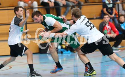 Handball Bundesliga. schlafraum.at Kaernten gegen UHC SISPO Gaenserndorf. Klemen Kresnik,  (schlafraum.at),  Maximilian Wagner (Gaenserndorf). Viktring, am 4.10.2015.
Foto: Kuess
---
pressefotos, pressefotografie, kuess, qs, qspictures, sport, bild, bilder, bilddatenbank