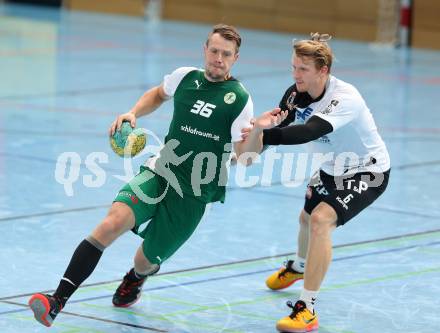 Handball Bundesliga. schlafraum.at Kaernten gegen UHC SISPO Gaenserndorf. Rok Ivancic, (schlafraum.at), Gregor Scharmitzer  (Gaenserndorf). Viktring, am 4.10.2015.
Foto: Kuess
---
pressefotos, pressefotografie, kuess, qs, qspictures, sport, bild, bilder, bilddatenbank