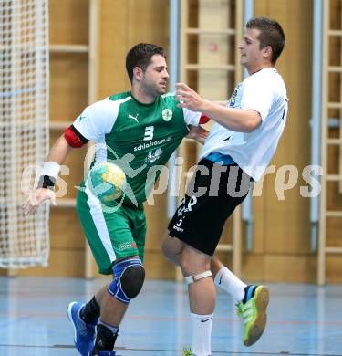 Handball Bundesliga. schlafraum.at Kaernten gegen UHC SISPO Gaenserndorf. Josef Sourek,  (schlafraum.at), Oliver Schmidt (Gaenserndorf). Viktring, am 4.10.2015.
Foto: Kuess
---
pressefotos, pressefotografie, kuess, qs, qspictures, sport, bild, bilder, bilddatenbank