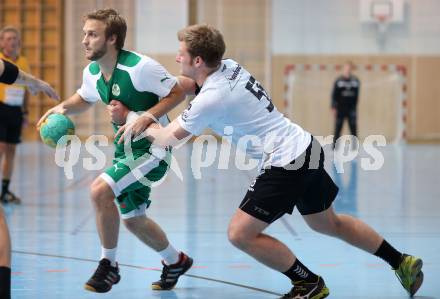 Handball Bundesliga. schlafraum.at Kaernten gegen UHC SISPO Gaenserndorf. Markus Godec, (schlafraum.at), Maximilian Wagner  (Gaenserndorf). Viktring, am 4.10.2015.
Foto: Kuess
---
pressefotos, pressefotografie, kuess, qs, qspictures, sport, bild, bilder, bilddatenbank