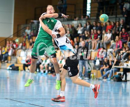 Handball Bundesliga. schlafraum.at Kaernten gegen UHC SISPO Gaenserndorf. Leopold Wagner,  (schlafraum.at), Konrad Goessnitzer (Gaenserndorf). Viktring, am 4.10.2015.
Foto: Kuess
---
pressefotos, pressefotografie, kuess, qs, qspictures, sport, bild, bilder, bilddatenbank