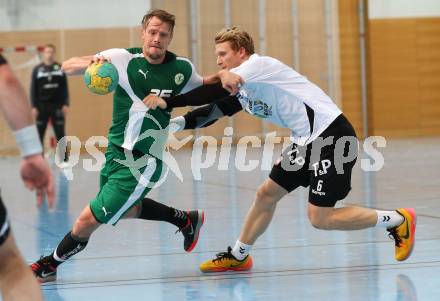 Handball Bundesliga. schlafraum.at Kaernten gegen UHC SISPO Gaenserndorf. Rok Ivancic,  (schlafraum.at), Gregor Scharmitzer (Gaenserndorf). Viktring, am 4.10.2015.
Foto: Kuess
---
pressefotos, pressefotografie, kuess, qs, qspictures, sport, bild, bilder, bilddatenbank