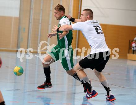 Handball Bundesliga. schlafraum.at Kaernten gegen UHC SISPO Gaenserndorf. Rok Ivancic, (schlafraum.at), Michal Fazik  (Gaenserndorf). Viktring, am 4.10.2015.
Foto: Kuess
---
pressefotos, pressefotografie, kuess, qs, qspictures, sport, bild, bilder, bilddatenbank