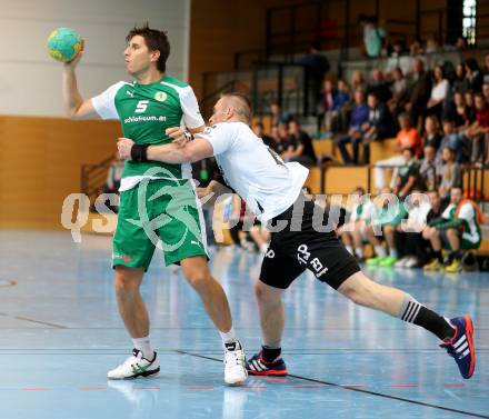 Handball Bundesliga. schlafraum.at Kaernten gegen UHC SISPO Gaenserndorf. Markus Goeschl, (schlafraum.at), Michal Fazik  (Gaenserndorf). Viktring, am 4.10.2015.
Foto: Kuess
---
pressefotos, pressefotografie, kuess, qs, qspictures, sport, bild, bilder, bilddatenbank