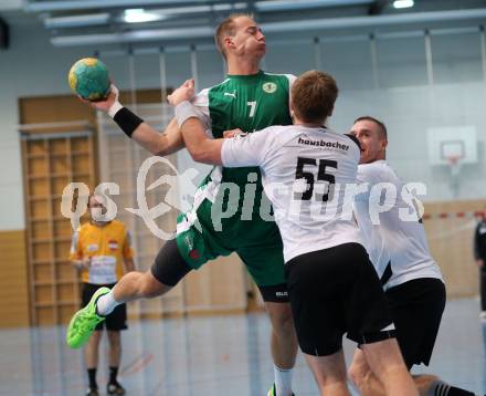 Handball Bundesliga. schlafraum.at Kaernten gegen UHC SISPO Gaenserndorf. Leopold Wagner,  (schlafraum.at), Maximilian Wagner (Gaenserndorf). Viktring, am 4.10.2015.
Foto: Kuess
---
pressefotos, pressefotografie, kuess, qs, qspictures, sport, bild, bilder, bilddatenbank