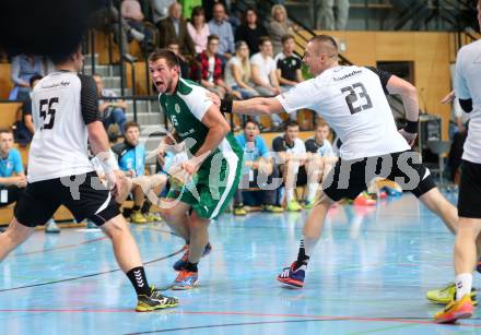 Handball Bundesliga. schlafraum.at Kaernten gegen UHC SISPO Gaenserndorf. Klemen Kresnik,  (schlafraum.at), Maximilian Wagner, Michal Fazik (Gaenserndorf). Viktring, am 4.10.2015.
Foto: Kuess
---
pressefotos, pressefotografie, kuess, qs, qspictures, sport, bild, bilder, bilddatenbank