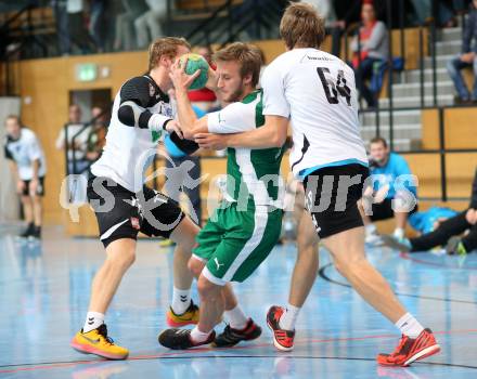 Handball Bundesliga. schlafraum.at Kaernten gegen UHC SISPO Gaenserndorf. Markus Godec,  (schlafraum.at), Gregor Scharmitzer, Conrad Goessnitzer (Gaenserndorf). Viktring, am 4.10.2015.
Foto: Kuess
---
pressefotos, pressefotografie, kuess, qs, qspictures, sport, bild, bilder, bilddatenbank