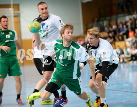 Handball Bundesliga. schlafraum.at Kaernten gegen UHC SISPO Gaenserndorf. Stefan Godec,  (schlafraum.at), Michal Fazik, Gregor Scharmitzer (Gaenserndorf). Viktring, am 4.10.2015.
Foto: Kuess
---
pressefotos, pressefotografie, kuess, qs, qspictures, sport, bild, bilder, bilddatenbank