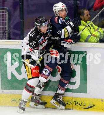 EBEL. Eishockey Bundesliga. EC VSV gegen HC Orli Znojmo. Ryan McKiernan,  (VSV), Stepan Csamango (Znojmo). Villach, am 27.9.2015.
Foto: Kuess 


---
pressefotos, pressefotografie, kuess, qs, qspictures, sport, bild, bilder, bilddatenbank