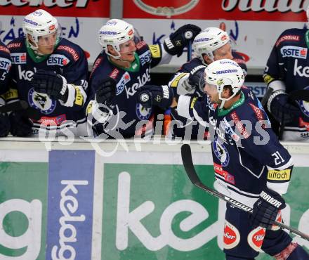 EBEL. Eishockey Bundesliga. EC VSV gegen HC Orli Znojmo. Torjubel Benjamin Petrik (VSV). Villach, am 27.9.2015.
Foto: Kuess 


---
pressefotos, pressefotografie, kuess, qs, qspictures, sport, bild, bilder, bilddatenbank