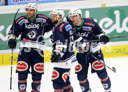 EBEL. Eishockey Bundesliga. EC VSV gegen HC Orli Znojmo. Torjubel Benjamin Petrik, Stefan Bacher, Matt Kelly (VSV). Villach, am 27.9.2015.
Foto: Kuess 


---
pressefotos, pressefotografie, kuess, qs, qspictures, sport, bild, bilder, bilddatenbank